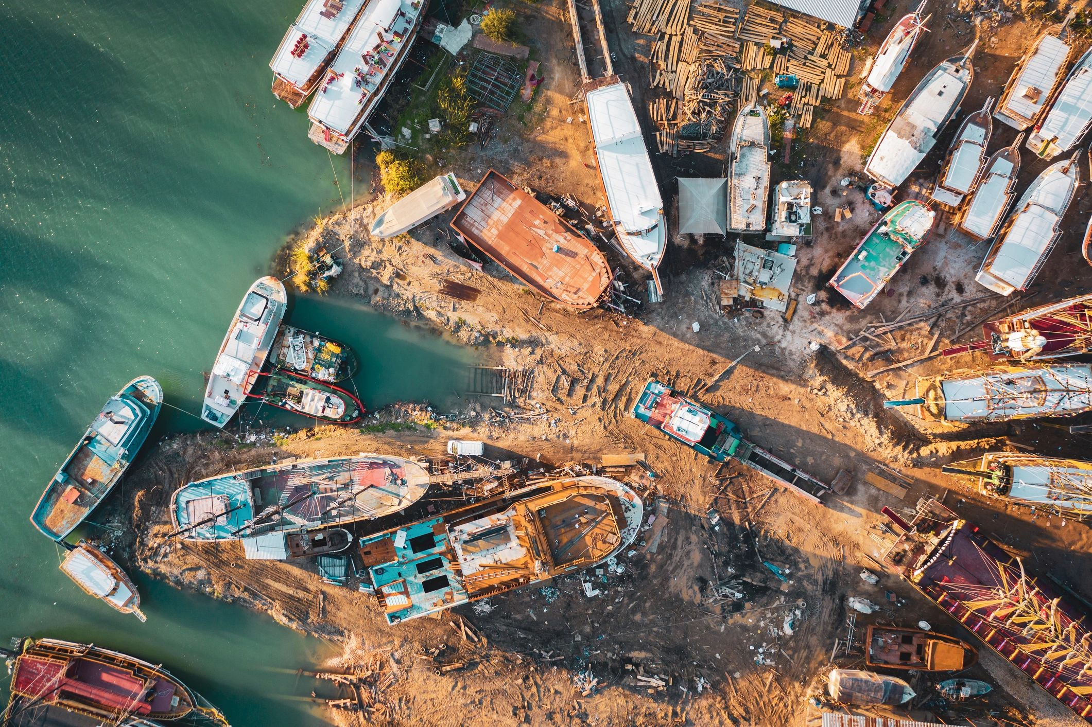 Boats at a shipyard awaiting service and repair
