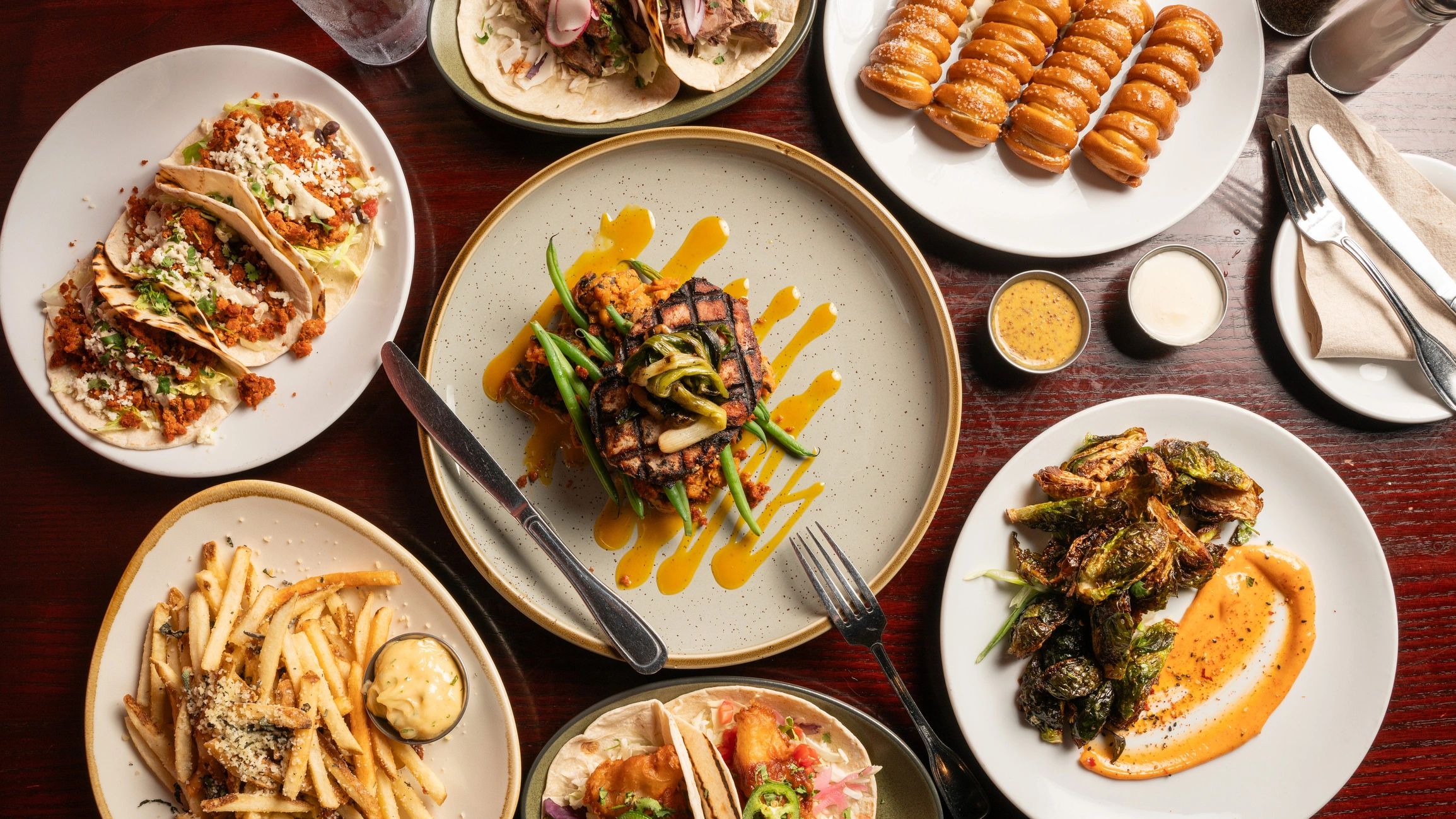 Restaurant meal spread photographed from above