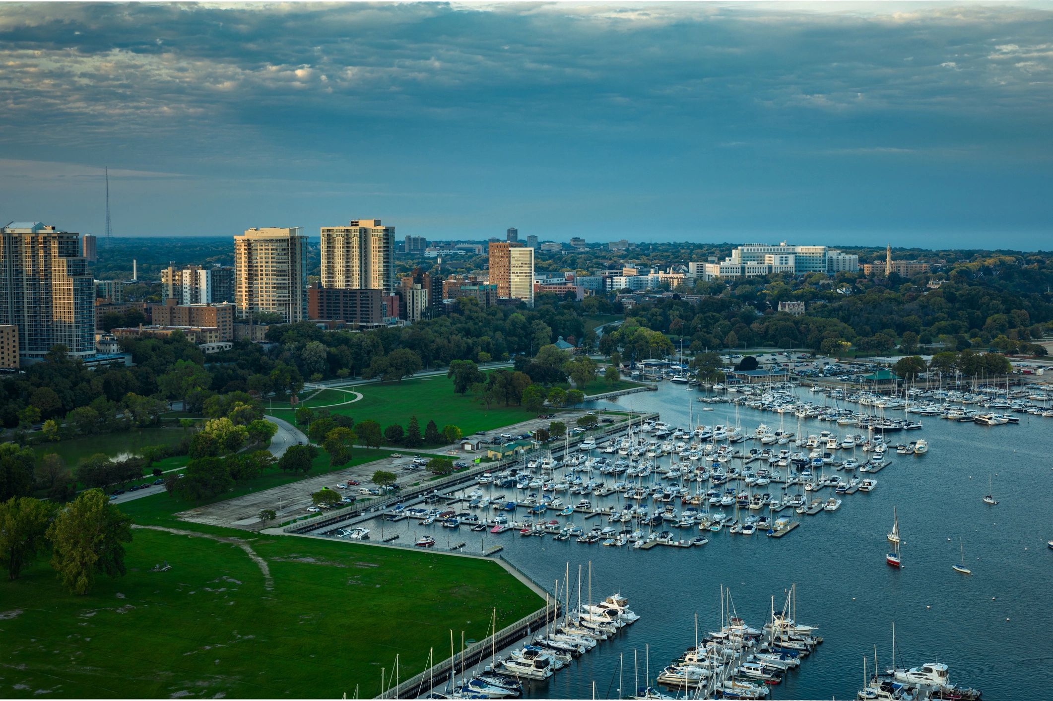 Marina with boats docked along the waterfront