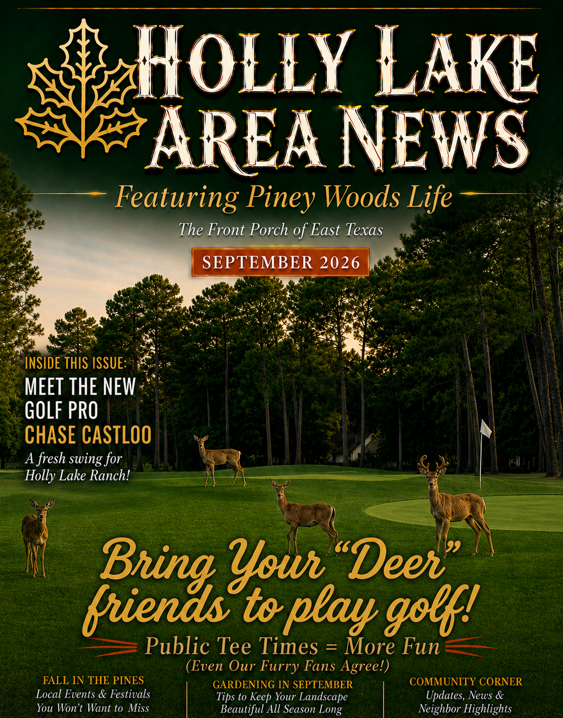 September 2026 Holly Lake Area News magazine cover featuring a Piney Woods golf course and deer