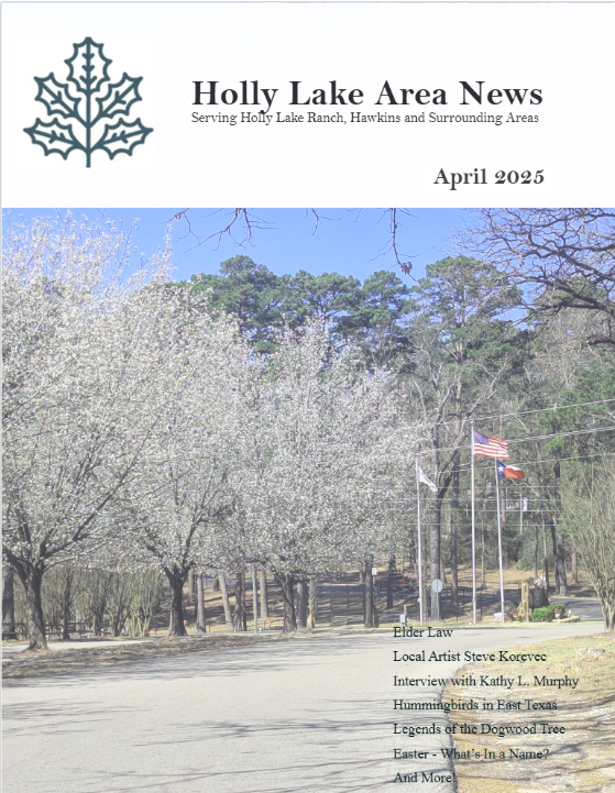 April 2025 cover of Holly Lake Area News featuring a tree-lined road and American and Texas flags