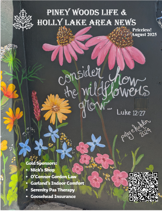 August 2025 Piney Woods Life and Holly Lake Area News magazine cover with colorful wildflowers