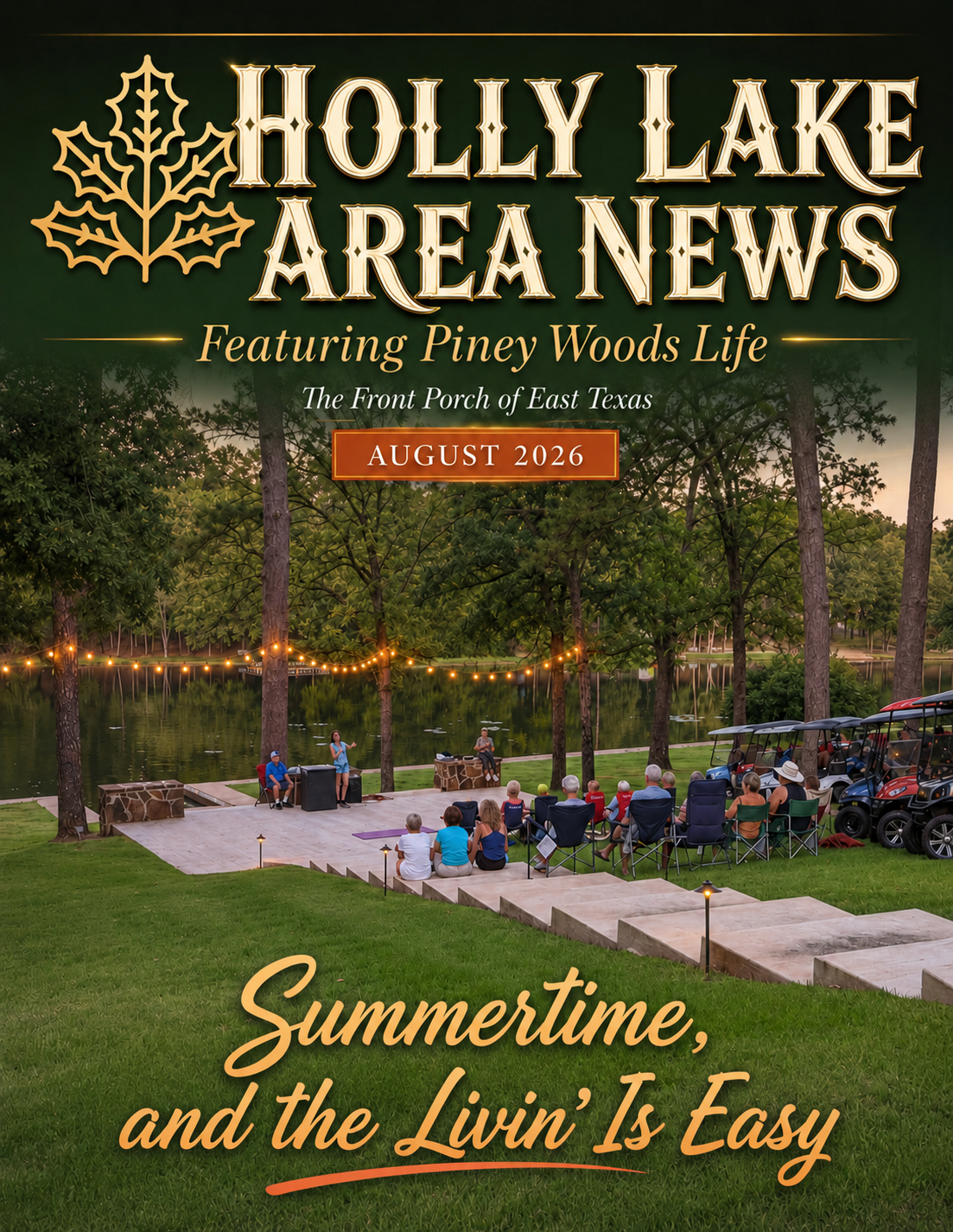 August 2026 Holly Lake Area News magazine cover featuring a lakeside community gathering