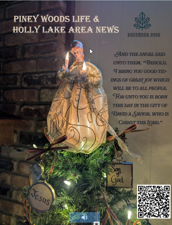 December 2025 Holly Lake Area News magazine cover featuring a glowing angel ornament on a Christmas tree