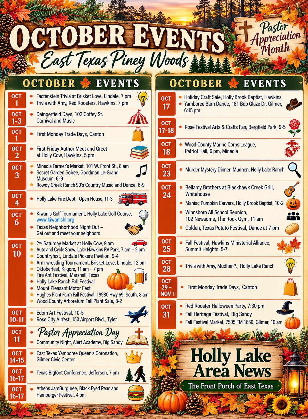 October Events calendar for the East Texas Piney Woods