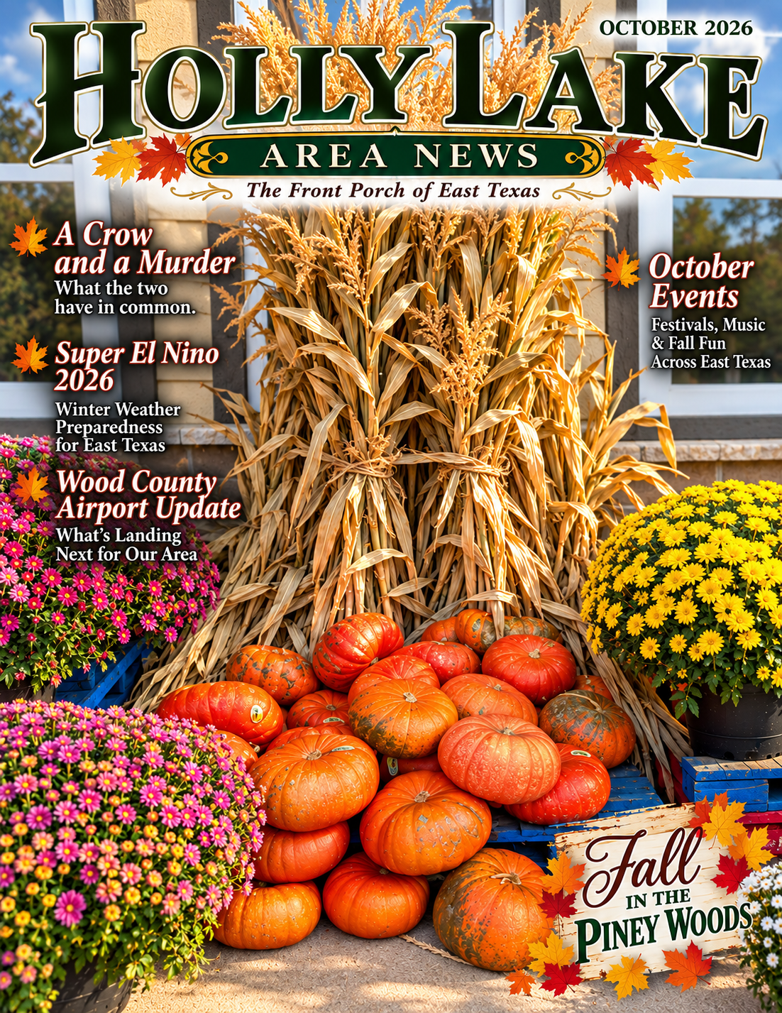 October 2026 Holly Lake Area News magazine cover featuring pumpkins, corn stalks, and fall flowers