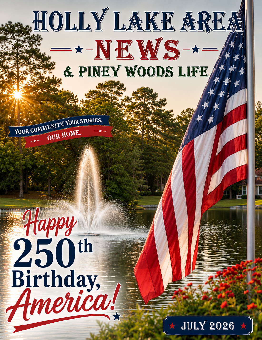 July 2026 Holly Lake Area News magazine cover featuring an American flag, lakeside fountain, and patriotic design