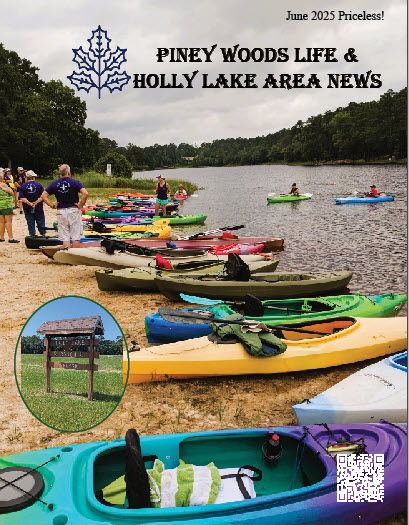 June 2025 Holly Lake Area News magazine cover featuring colorful kayaks at a lakeside shoreline