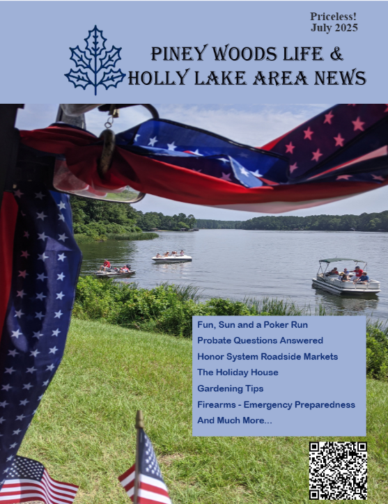 July 2025 Piney Woods Life and Holly Lake Area News magazine cover featuring boats on a lake framed by patriotic bunting