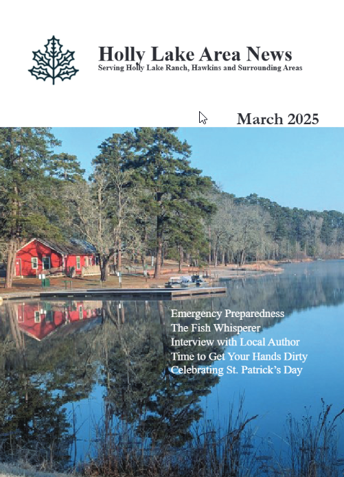 March 2025 Holly Lake Area News magazine cover showing a red cabin and dock beside a lake