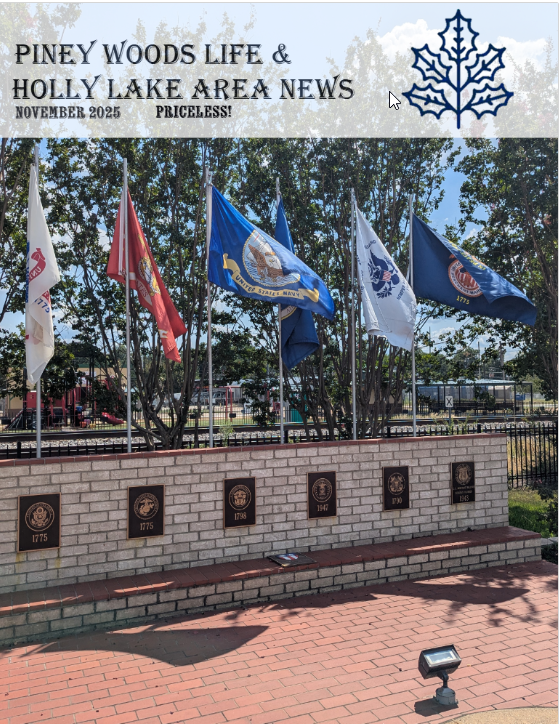 November 2025 Piney Woods Life and Holly Lake Area News magazine cover featuring commemorative flags and a memorial wall