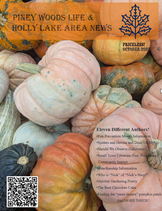 October 2025 Piney Woods Life and Holly Lake Area News magazine cover featuring assorted pumpkins and gourds