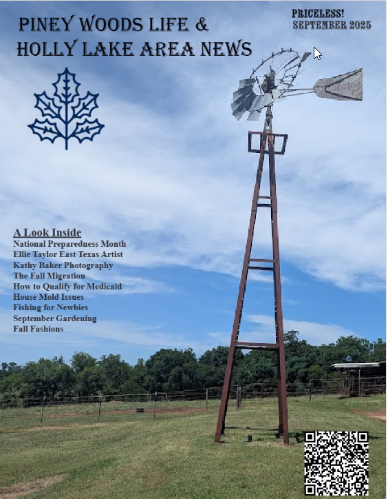 September 2025 Piney Woods Life and Holly Lake Area News magazine cover featuring a rural windmill